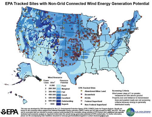 Map of USA using shades of blue to identify areas with differing potential for wind energy production