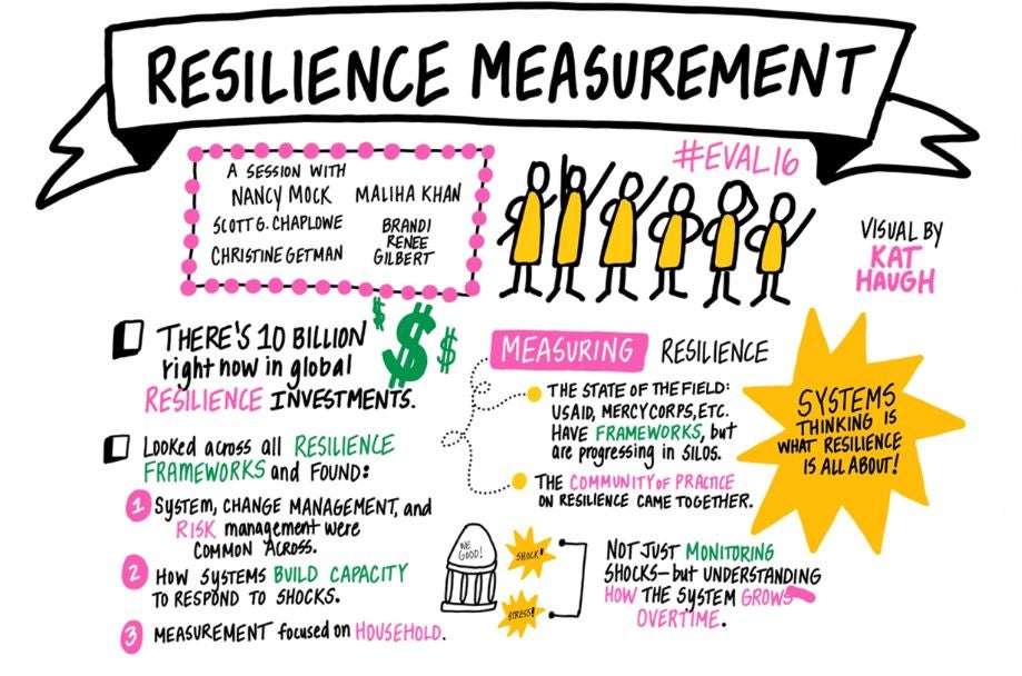 Sketched graphic recording to document a session on Resilience Measurement 