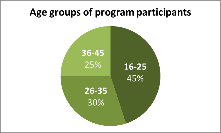 Pie chart showing the proportion of program participants in each of three age groups