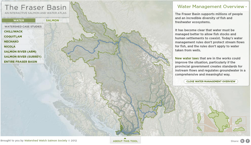 Map of Fraser Basin with overlaid data highlighting significant waterways