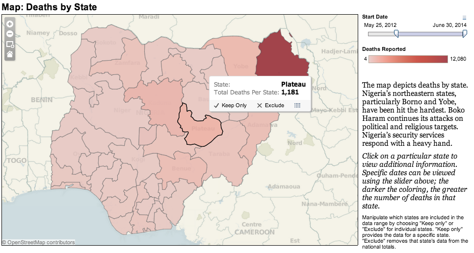 Map of Nigeria with data overlaid highlighting the number of deaths by state - the state of Borno is coloured dark red suggesting a very high number of deaths 