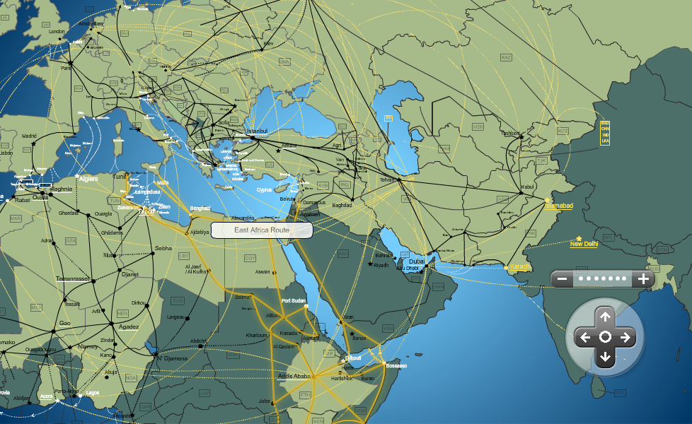 Map of North Africa, Europe, Middle East and parts of Asia with both black and yellow lines identifying significant migration routes 