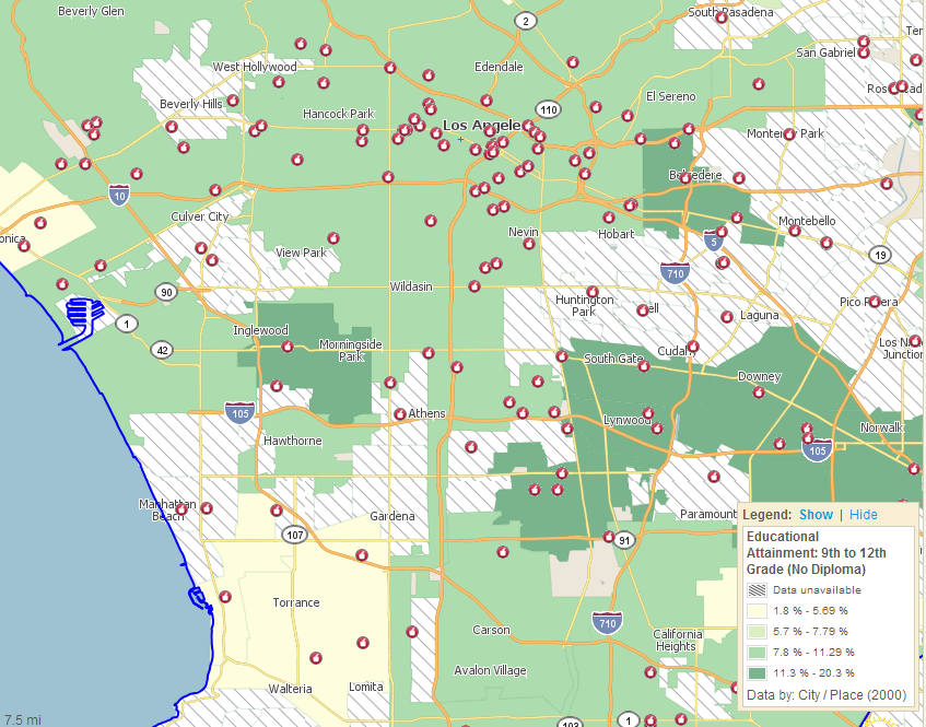 Map of the Los Angeles area with educational attainment data overlaid using colours to distinguish areas with differing performance