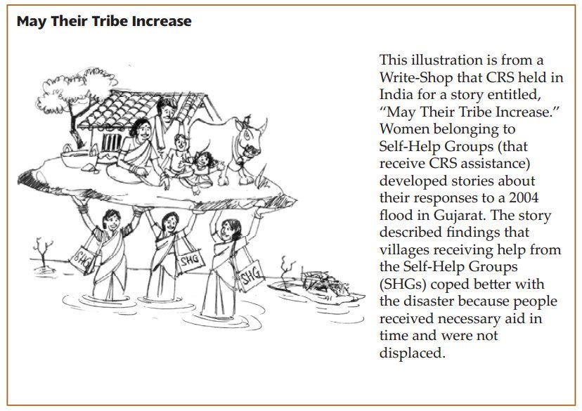 Cartoon with members of a self-help group carrying a house and villagers above floodwater 