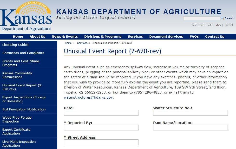 Screenshot of an Unusual Event Report from the Kansas Dept. of Agriculture website