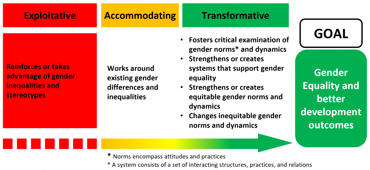 The gender continuum moves from exploitative  (reinforces or takes advantage of inequalities and stereotypes) through accommodating (works around existing gender differences) to transformative (critically examines gender norms and creates or strengthens systems of gender equality)