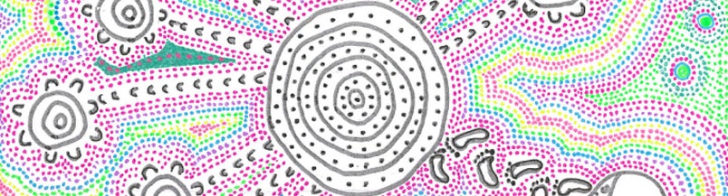 A brightly coloured dot painting with a large spiral in the centre