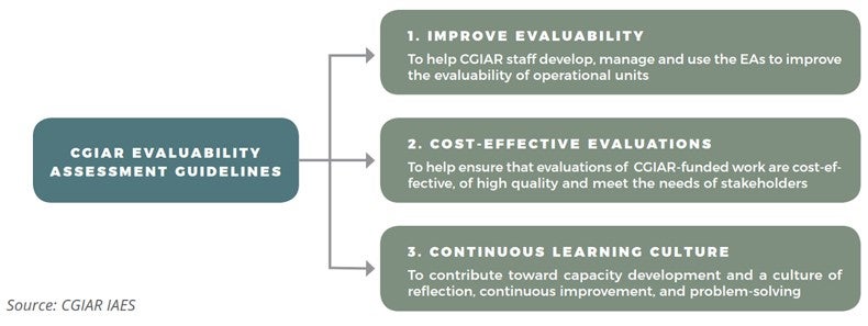 Flow chart showing the purpose of evaluability assessment guidelines as improving evaluability, creating cost-effective evaluations and contributing to a continuous learning culture