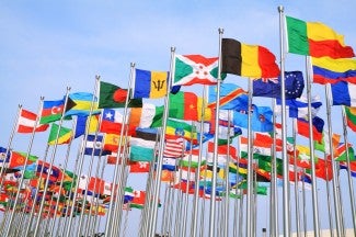 Large number of national flags raised at the top of flag poles