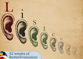 a diagonal line of illustrated outer ears (pinna) with the word 'listen' above