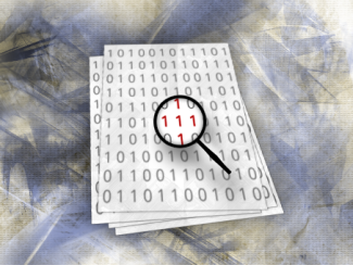 Illustration of a magnifying glass, magnifying binary computer code