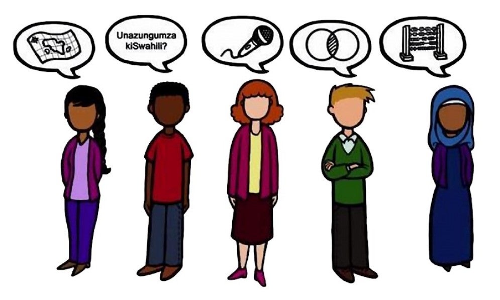 Five faceless cartoon people with speech bubbles above their heads, each with a different image inside including a map, a microphone and a venn diagram